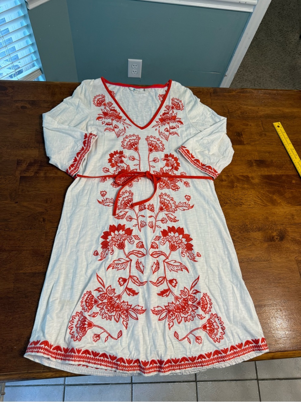 Boden Embroidered White Cotton Kaftan Dress Red Floral V-Neck Boho Tassel US 8R